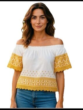 Maurices Womens XXL Peasant Top Yellow Floral Embroidered Off Shoulder Bell arms